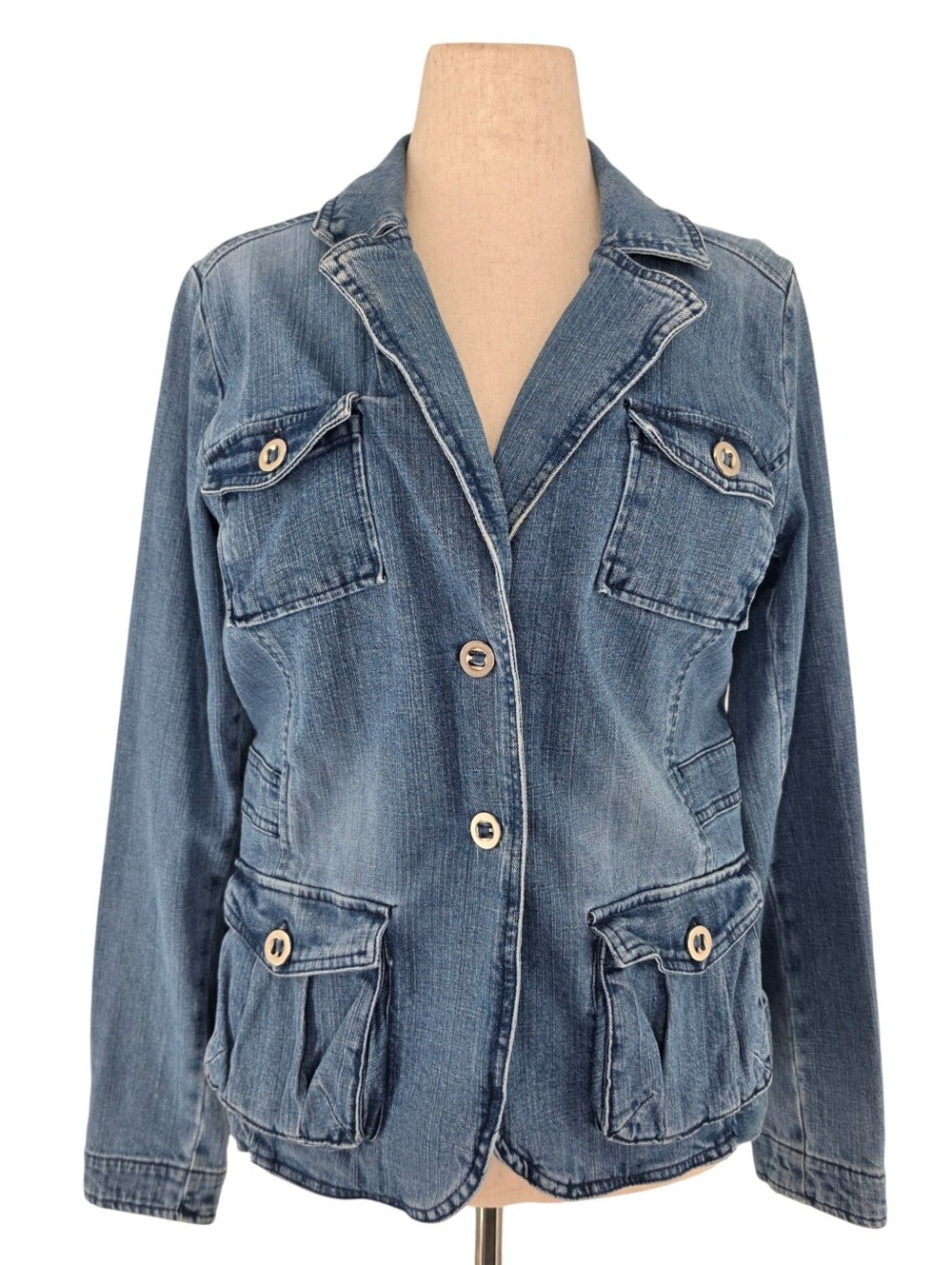 Kikit Jeans Denim Blazer XL Blue Stretch 4-Pocket Utility Jacket